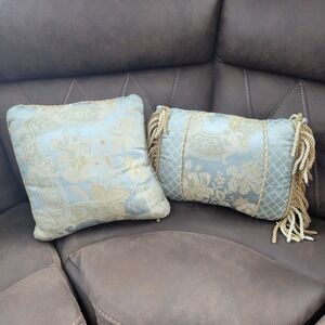 Croscill Napoleon Boudoir Blue Gold Decor Throw Pillows Braided Fringe USA VTG